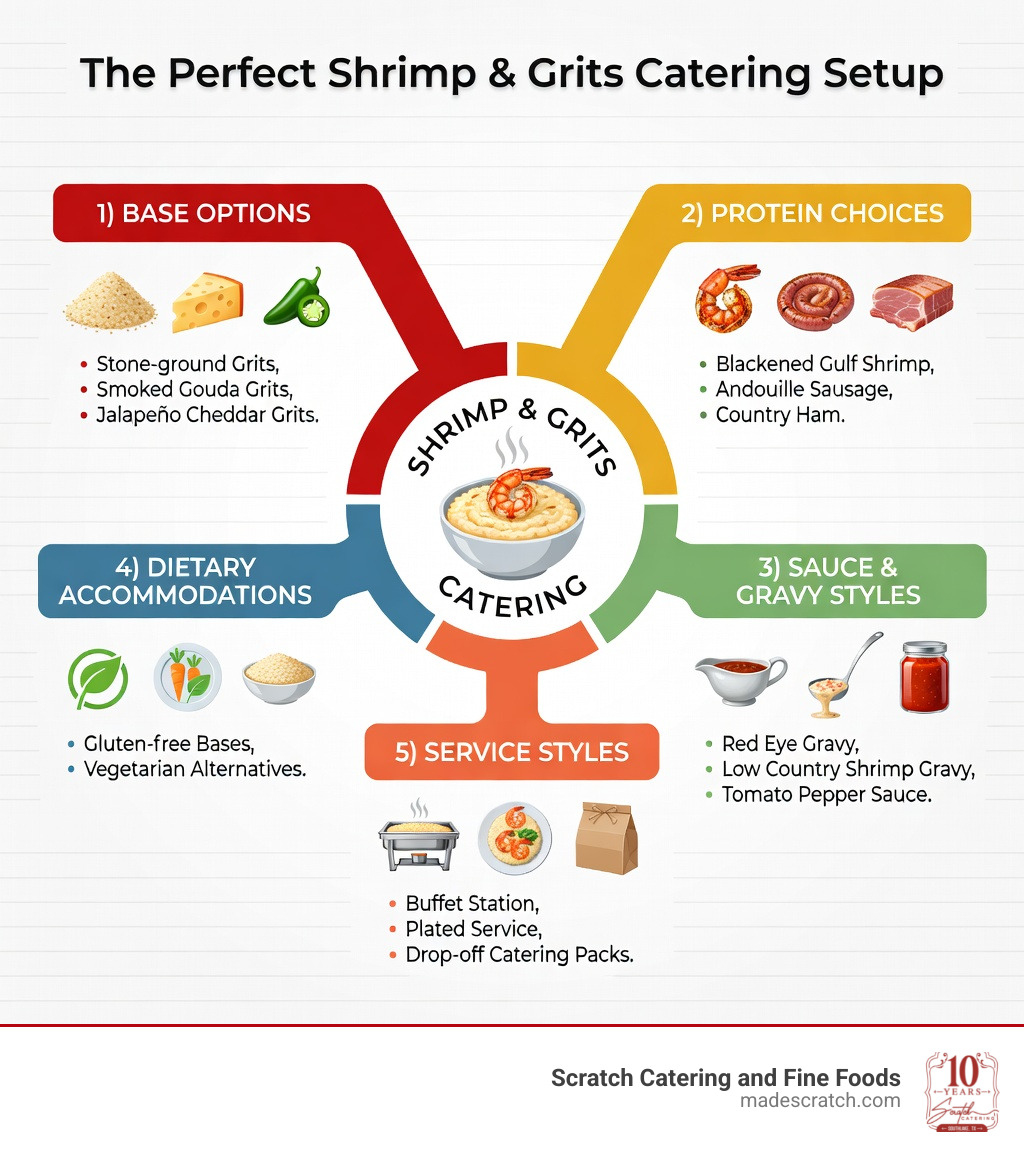 Infographic showing the five key components of a perfect shrimp and grits catering setup: 1) Base options including stone-ground, smoked Gouda, and jalapeño cheddar grits; 2) Protein choices such as blackened gulf shrimp, andouille sausage, and country ham; 3) Sauce and gravy styles including red eye gravy, Low Country shrimp gravy, and tomato pepper sauce; 4) Dietary accommodations like gluten-free and vegetarian alternatives; 5) Service styles including buffet station, plated service, and drop-off catering packs - shrimp and grits catering near me infographic 