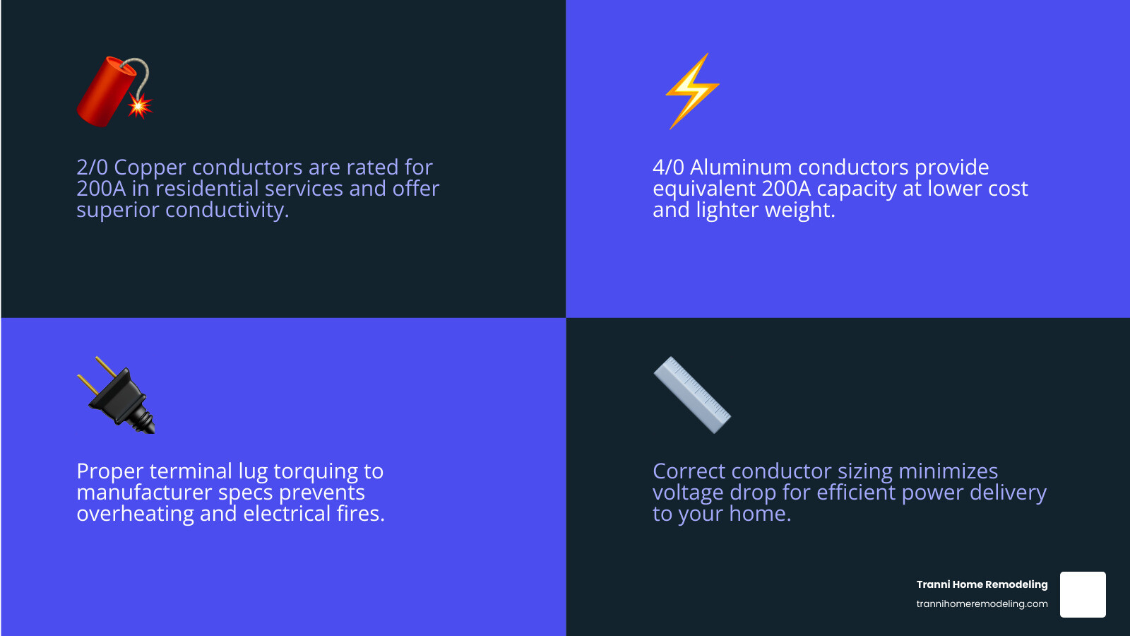Table comparing conductor ampacity: 2/0 Copper is rated for 200A in residential services, while 4/0 Aluminum is the equivalent size for the same 200A rating. The table also lists common terminal lug requirements for a 200 amp panel with meter. - 200 amp panel with meter infographic 4_facts_emoji_blue Table comparing conductor ampacity: 2/0 Copper is rated for 200A in residential services, while 4/0 Aluminum is the equivalent size for the same 200A rating. The table also lists common terminal lug requirements for a 200 amp panel with meter. - 200 amp panel with meter infographic 4_facts_emoji_blue