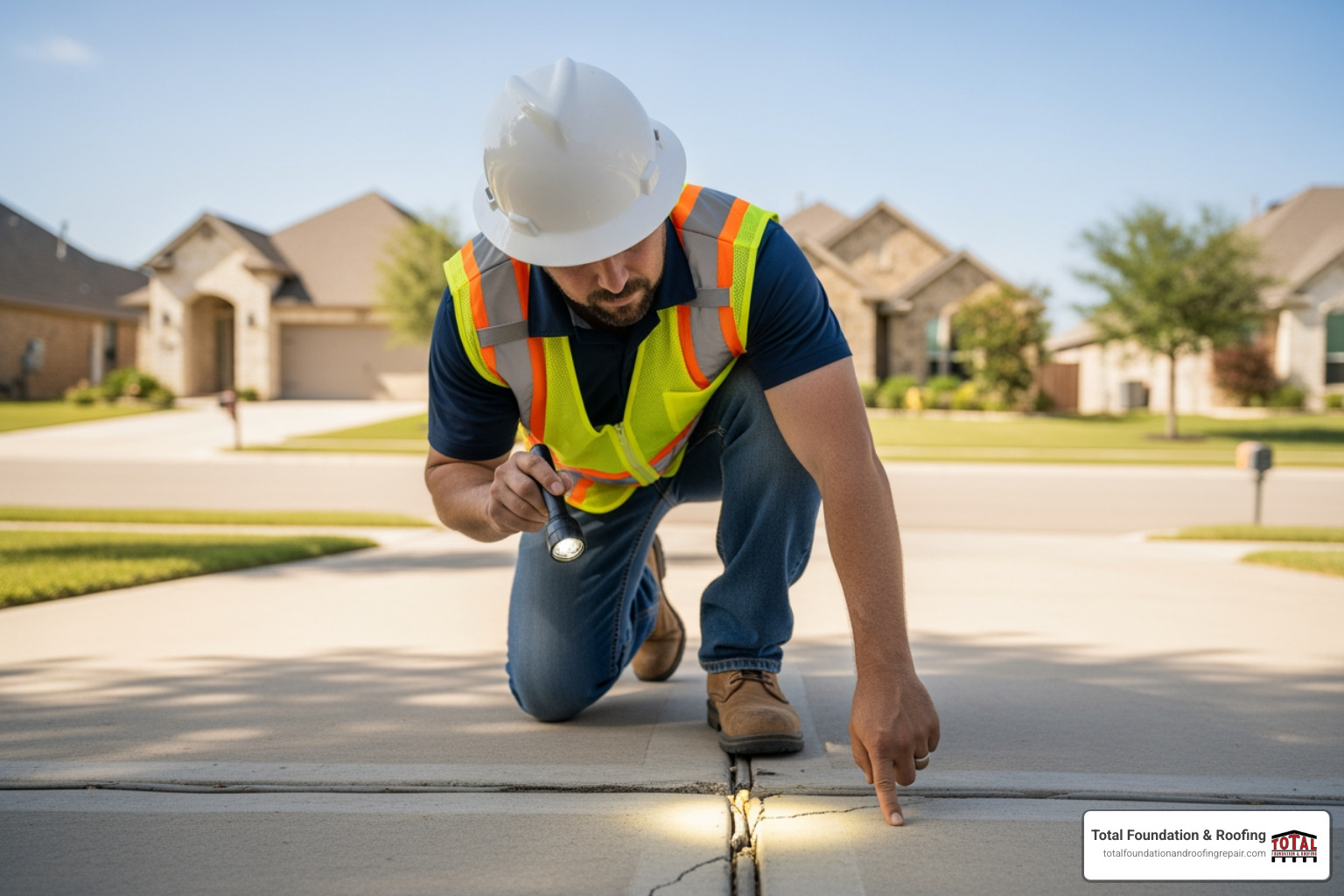 contractor assessing driveway cracks - driveway resurfacing near me