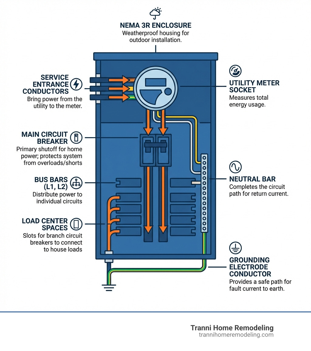 Infographic showing the components of a 200 amp service entrance: utility meter socket, main circuit breaker, bus bars, neutral bar, load center spaces, NEMA 3R enclosure, service entrance conductors, and grounding electrode conductor — with labels and a brief description of each component's function in the system - 200 amp panel with meter infographic Infographic showing the components of a 200 amp service entrance: utility meter socket, main circuit breaker, bus bars, neutral bar, load center spaces, NEMA 3R enclosure, service entrance conductors, and grounding electrode conductor — with labels and a brief description of each component's function in the system - 200 amp panel with meter infographic