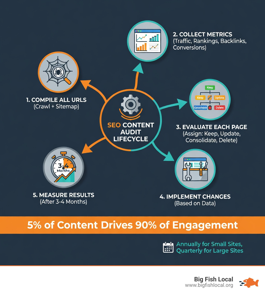 Infographic showing the content audit lifecycle: Step 1 - Compile all URLs via crawl and sitemap; Step 2 - Collect metrics including traffic, rankings, backlinks, and conversions; Step 3 - Evaluate each page and assign a Keep, Update, Consolidate, or Delete action; Step 4 - Implement changes; Step 5 - Measure results after 3-4 months; Key stat: 5% of content drives 90% of engagement; Recommended frequency: annually for small sites, quarterly for large sites - content audit for seo infographic Infographic showing the content audit lifecycle: Step 1 - Compile all URLs via crawl and sitemap; Step 2 - Collect metrics including traffic, rankings, backlinks, and conversions; Step 3 - Evaluate each page and assign a Keep, Update, Consolidate, or Delete action; Step 4 - Implement changes; Step 5 - Measure results after 3-4 months; Key stat: 5% of content drives 90% of engagement; Recommended frequency: annually for small sites, quarterly for large sites - content audit for seo infographic
