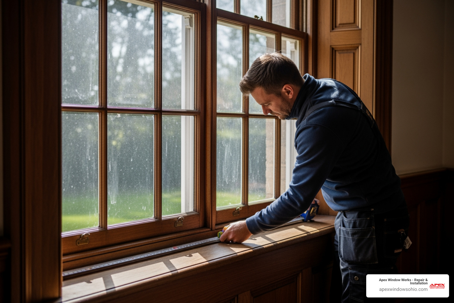 technician measuring a large Victorian sash window - cost to restore sash windows