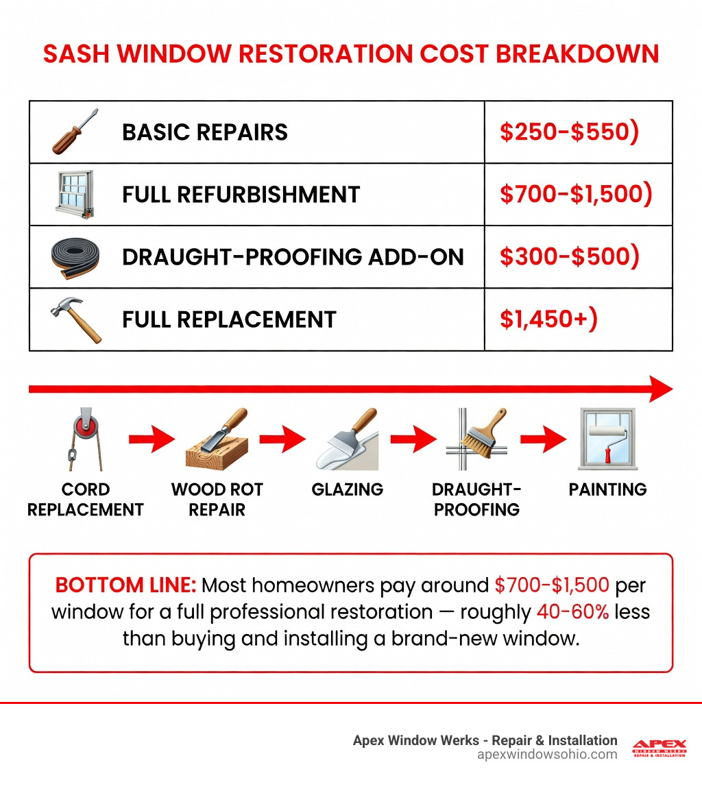 Infographic showing sash window restoration cost breakdown: basic repairs $250-$550, full refurbishment $700-$1,500, draught-proofing add-on $300-$500, and full replacement $1,450+, with icons for each stage of the restoration process including cord replacement, wood rot repair, glazing, draught-proofing, and painting - cost to restore sash windows infographic 