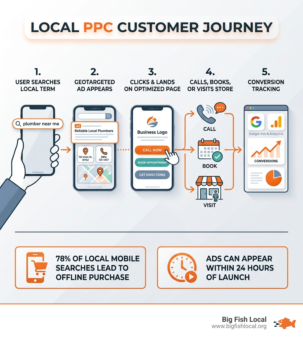 Infographic showing the local PPC customer journey: Step 1 - User searches a local term like 'plumber near me' on mobile; Step 2 - Geotargeted ad appears at top of search results with location extension showing address, phone, and map; Step 3 - User clicks the ad and lands on a mobile-optimized page with a clear call-to-action; Step 4 - User calls, books, or visits the store; Step 5 - Business tracks the conversion through Google Ads and Analytics; Key stats shown: A vast majority of local mobile searches lead to offline purchase, ads can appear very quickly after launch - local PPC campaigns infographic 
