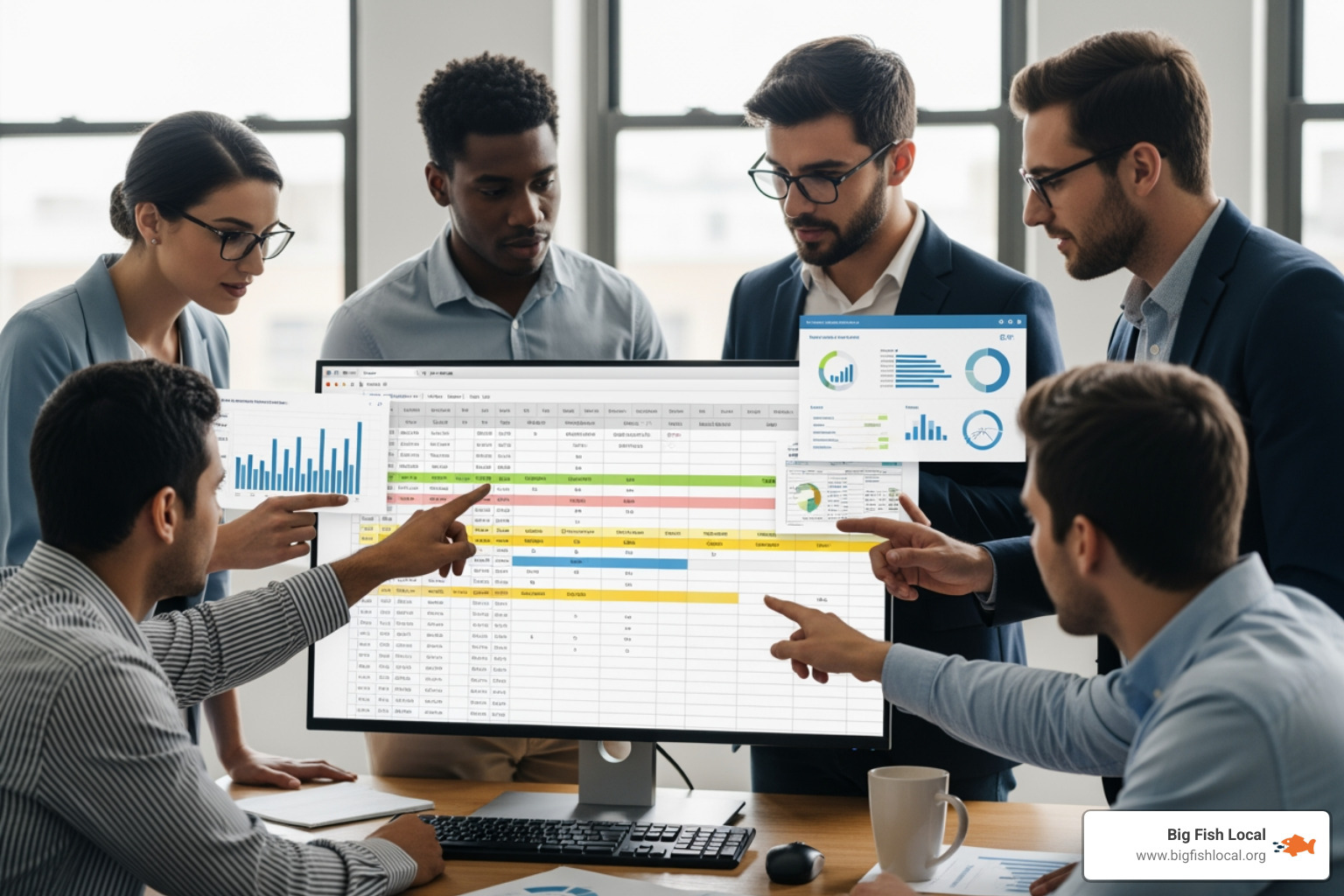 A professional team analyzing a content audit spreadsheet on a large monitor, highlighting color-coded rows for page performance - content audit for seo A professional team analyzing a content audit spreadsheet on a large monitor, highlighting color-coded rows for page performance - content audit for seo