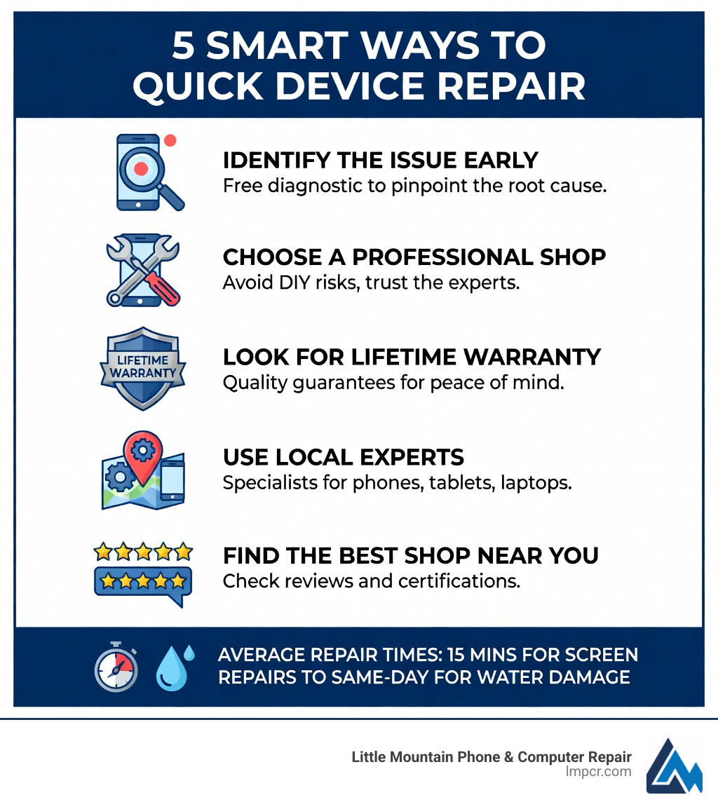 Infographic showing the 5 smart ways to quick device repair: Step 1 - Identify the issue early with a free diagnostic; Step 2 - Choose a professional shop over DIY or manufacturer; Step 3 - Look for lifetime warranties and quality guarantees; Step 4 - Use local experts for phones, tablets, laptops, and more; Step 5 - Find the best repair shop near you using reviews and certifications. Each step includes an icon and a one-line tip. Bottom of infographic shows average repair times ranging from 15 minutes for screen repairs to same-day for water damage. - quick device repair infographic Infographic showing the 5 smart ways to quick device repair: Step 1 - Identify the issue early with a free diagnostic; Step 2 - Choose a professional shop over DIY or manufacturer; Step 3 - Look for lifetime warranties and quality guarantees; Step 4 - Use local experts for phones, tablets, laptops, and more; Step 5 - Find the best repair shop near you using reviews and certifications. Each step includes an icon and a one-line tip. Bottom of infographic shows average repair times ranging from 15 minutes for screen repairs to same-day for water damage. - quick device repair infographic