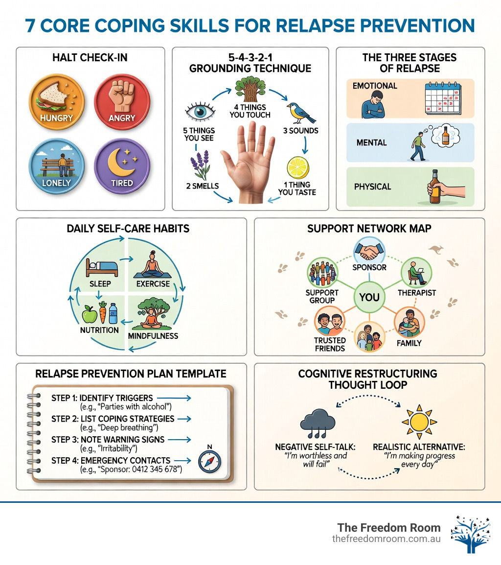 Infographic showing 7 core coping skills for relapse prevention, including HALT check-ins and grounding techniques. Infographic showing 7 core coping skills for relapse prevention, including HALT check-ins and grounding techniques.