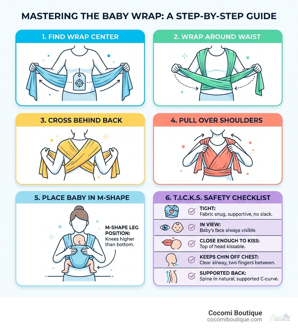 Step-by-step infographic on how to use a baby wrap: 6 illustrated steps showing finding the wrap center, wrapping around the waist, crossing behind the back, pulling over shoulders, placing baby with M-shape leg position, and the T.I.C.K.S. safety checklist with icons for each rule - how to use baby wrap infographic Step-by-step infographic on how to use a baby wrap: 6 illustrated steps showing finding the wrap center, wrapping around the waist, crossing behind the back, pulling over shoulders, placing baby with M-shape leg position, and the T.I.C.K.S. safety checklist with icons for each rule - how to use baby wrap infographic