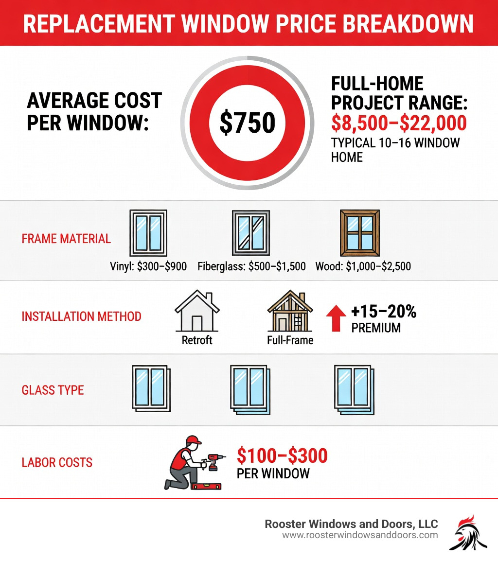 Infographic showing replacement window price breakdown: average cost per window $750, full-home project range $8,500-$22,000, cost factors including frame material (vinyl $300-$900, fiberglass $500-$1,500, wood $1,000-$2,500), installation method (retrofit vs full-frame with 15-20% premium for full-frame), glass type (single-pane, double-pane, triple-pane), and labor costs $100-$300 per window - replacement window prices infographic 