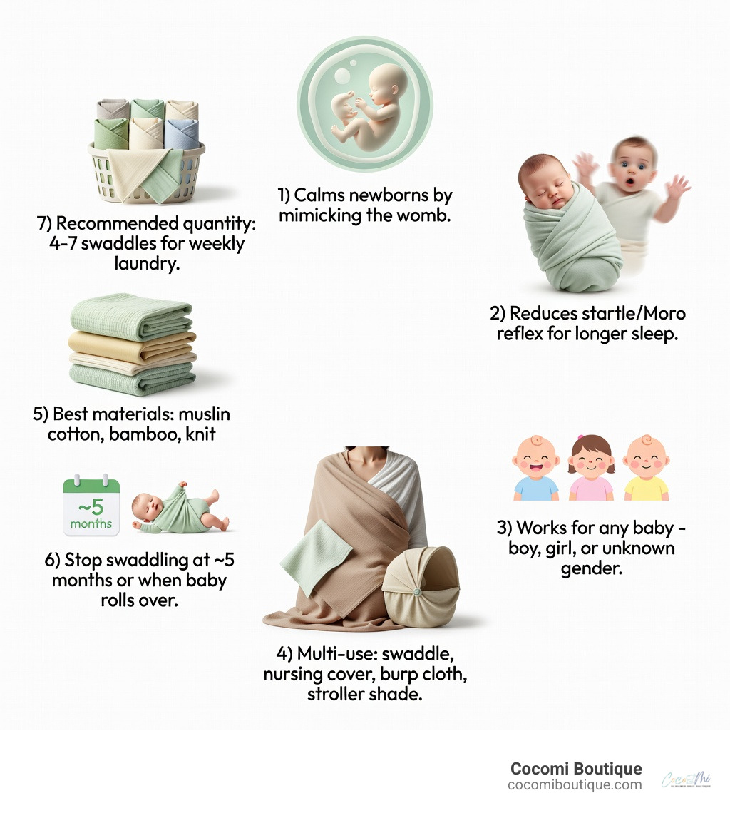 Infographic showing the top benefits of gender neutral baby swaddles: 1) Calms newborns by mimicking the womb, 2) Reduces startle/Moro reflex for longer sleep, 3) Works for any baby - boy, girl, or unknown gender, 4) Multi-use: swaddle, nursing cover, burp cloth, stroller shade, 5) Best materials: muslin cotton, bamboo, knit, 6) Stop swaddling at ~5 months or when baby rolls over, 7) Recommended quantity: 4-7 swaddles for weekly laundry - gender neutral baby swaddles infographic 
