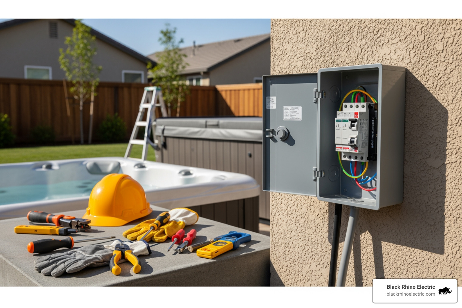 electrician installing spa disconnect panel - spa electrical installation