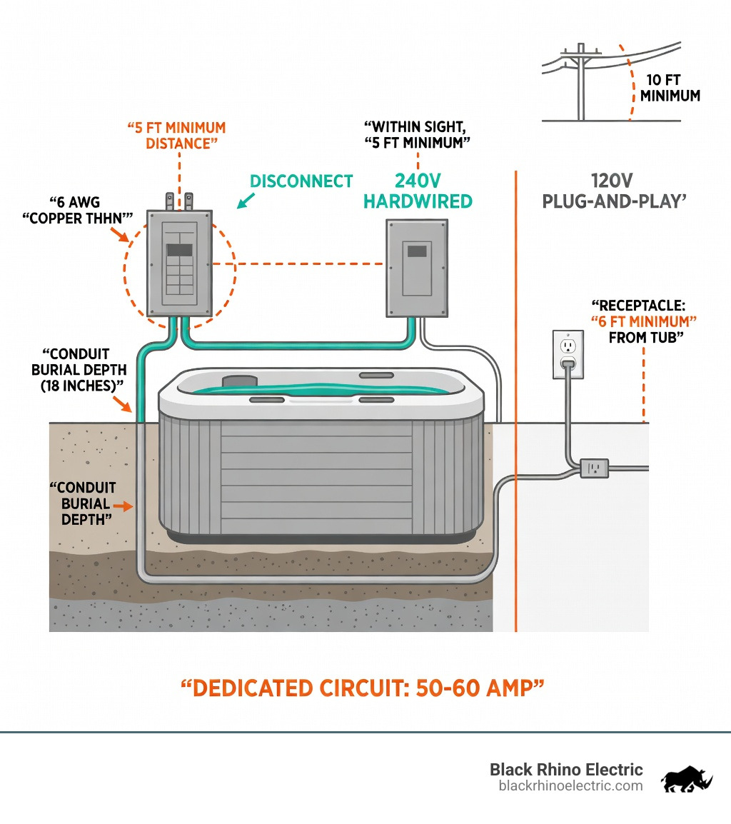 Infographic showing spa electrical installation requirements: 240V hardwired vs 120V plug-and-play comparison, required distances for GFCI breaker placement (5 ft minimum), disconnect panel placement (5 ft minimum, within sight), receptacle distance (6 ft minimum from tub), overhead line clearance (10 ft), conduit burial depth (18 inches), wire type (6 AWG copper THHN), and amperage requirements (50-60 amp dedicated circuit) - spa electrical installation infographic 