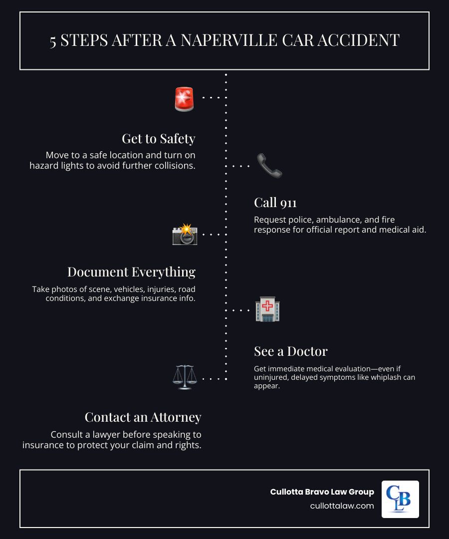 Infographic showing 5 steps after a Naperville car accident: Step 1 - Move to safety and activate hazard lights; Step 2 - Call 911 for police and emergency medical help; Step 3 - Photograph the scene, vehicles, injuries, and road conditions; Step 4 - Exchange insurance information and collect witness contact details; Step 5 - Consult a car accident attorney before speaking to any insurance company — with Illinois stat overlay showing 17,203 DuPage County crashes in 2023 and a 2-year statute of limitations reminder - car accident attorney naperville infographic infographic-line-5-steps-dark
