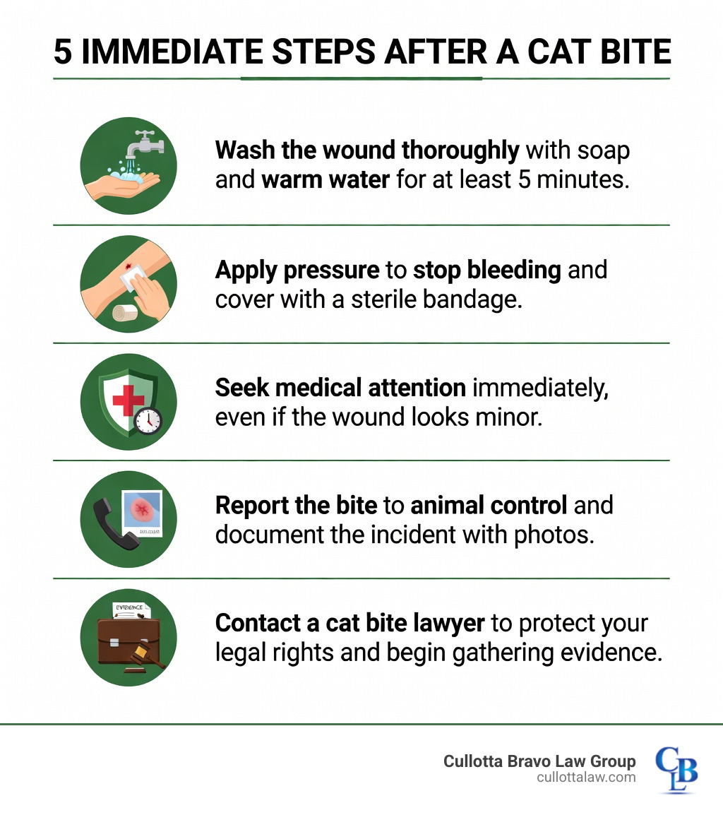 Infographic showing 5 immediate steps after a cat bite: Step 1 - Wash the wound thoroughly with soap and warm water for at least 5 minutes; Step 2 - Apply pressure to stop bleeding and cover with a sterile bandage; Step 3 - Seek medical attention immediately, even if the wound looks minor; Step 4 - Report the bite to animal control and document the incident with photos; Step 5 - Contact a cat bite lawyer to protect your legal rights and begin gathering evidence - cat bite lawyer infographic 