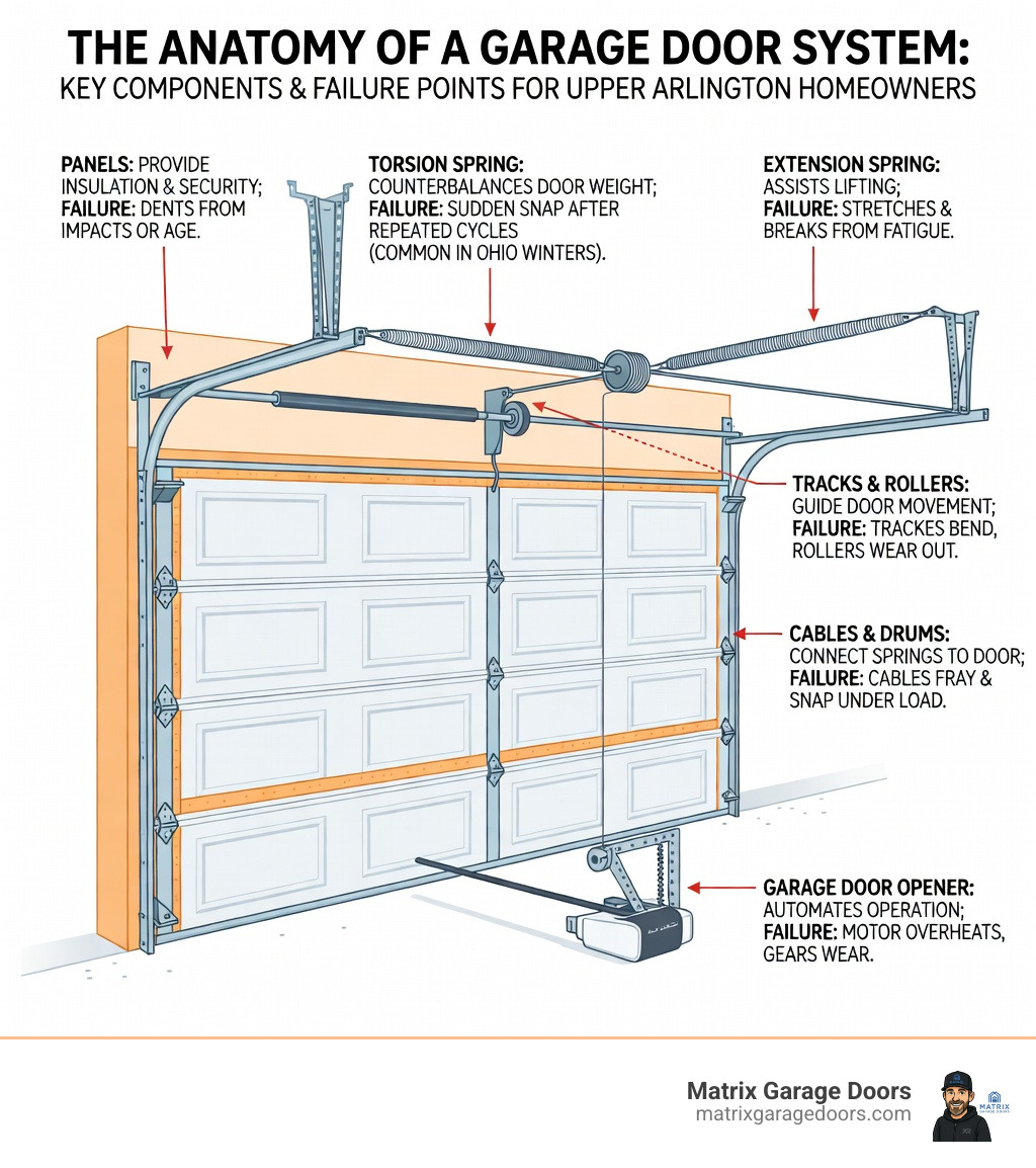 Infographic showing the anatomy of a garage door system including torsion springs, extension springs, cables, rollers, tracks, hinges, panels, and opener components — with labels explaining what each part does and the most common failure points for Upper Arlington homeowners - Upper Arlington garage door repair infographic Infographic showing the anatomy of a garage door system including torsion springs, extension springs, cables, rollers, tracks, hinges, panels, and opener components — with labels explaining what each part does and the most common failure points for Upper Arlington homeowners - Upper Arlington garage door repair infographic