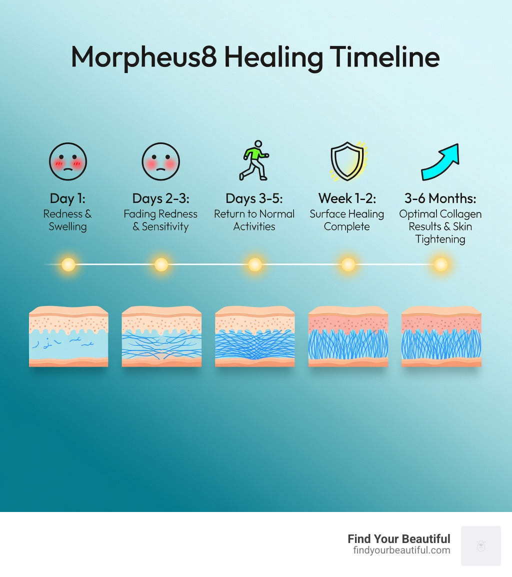 Infographic showing the Morpheus8 healing timeline: Day 1 with redness and swelling icons, Days 2-3 with fading redness and sensitivity, Days 3-5 showing return to normal activities, Week 1-2 showing surface healing complete, and 3-6 months showing optimal collagen results with skin tightening — each stage illustrated with a simple skin cross-section showing collagen rebuilding at depth - morpheus8 downtime infographic 