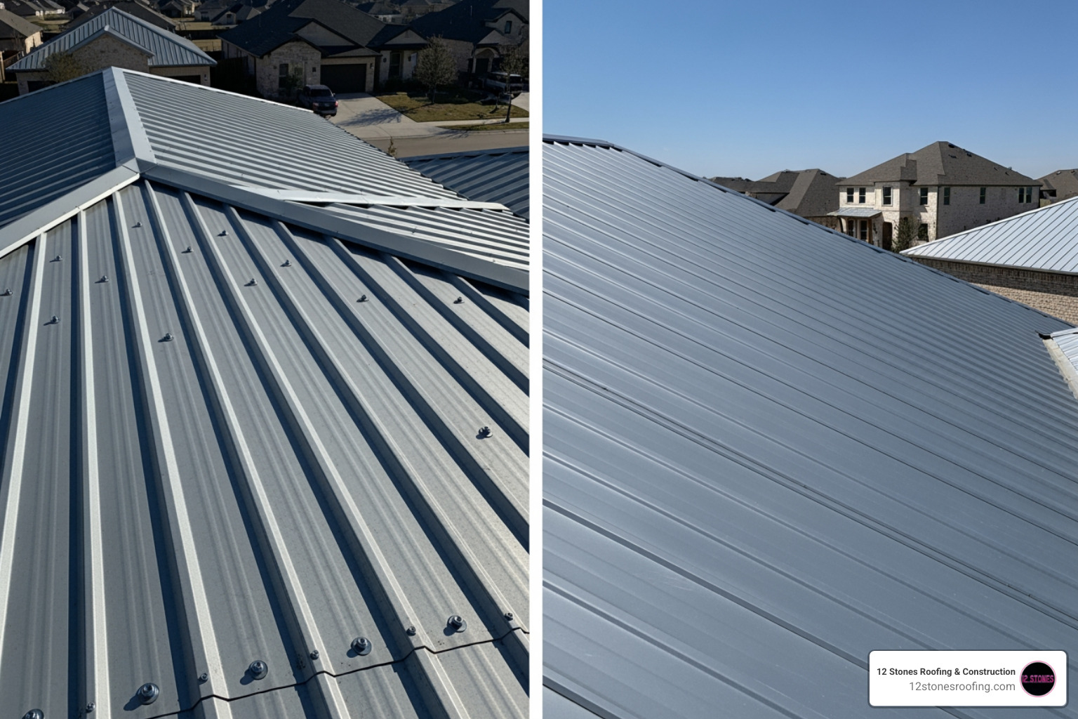 Comparison of corrugated metal panels with exposed fasteners versus sleek standing seam metal panels with concealed fasteners - metal roof replacement cost TX Comparison of corrugated metal panels with exposed fasteners versus sleek standing seam metal panels with concealed fasteners - metal roof replacement cost TX