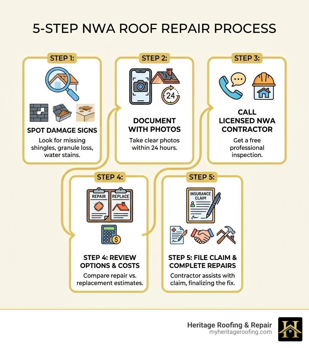 Infographic showing the 5-step roof repair process for Northwest Arkansas homeowners: Step 1 - Spot damage signs like missing shingles, granule loss, water stains; Step 2 - Document with photos within 24 hours; Step 3 - Call a licensed NWA roofing contractor for free inspection; Step 4 - Review repair vs. replacement options with cost estimates; Step 5 - File insurance claim with contractor assistance and complete repairs - roof repair services northwest arkansas infographic 