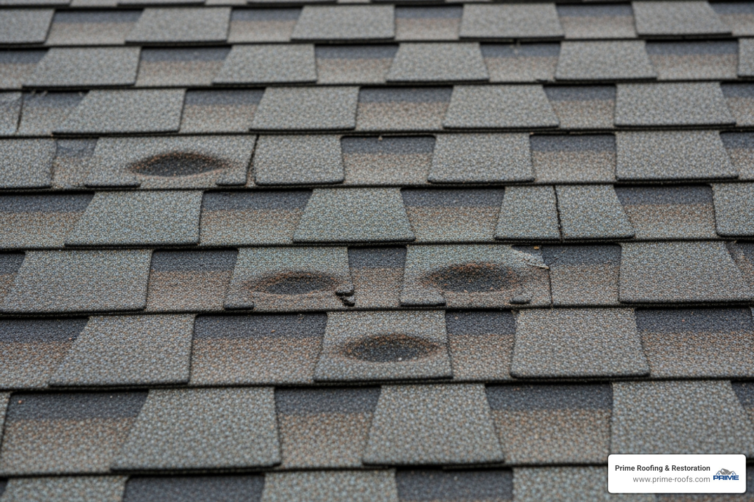 close up of hail damaged asphalt shingles showing loss of granules and bruising - storm damage roof repair hoover al