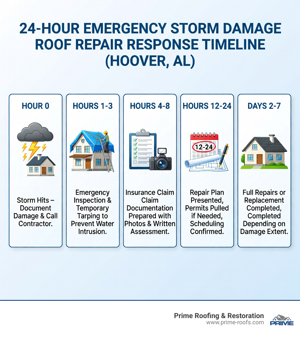Infographic showing a 24-hour emergency storm damage roof repair response timeline for Hoover AL homeowners: Hour 0 - Storm hits, document damage and call contractor; Hour 1-3 - Emergency inspection and temporary tarping to prevent water intrusion; Hour 4-8 - Insurance claim documentation prepared with photos and written assessment; Hour 12-24 - Repair plan presented, permits pulled if needed, scheduling confirmed; Day 2-7 - Full repairs or replacement completed depending on damage extent - storm damage roof repair hoover al infographic 