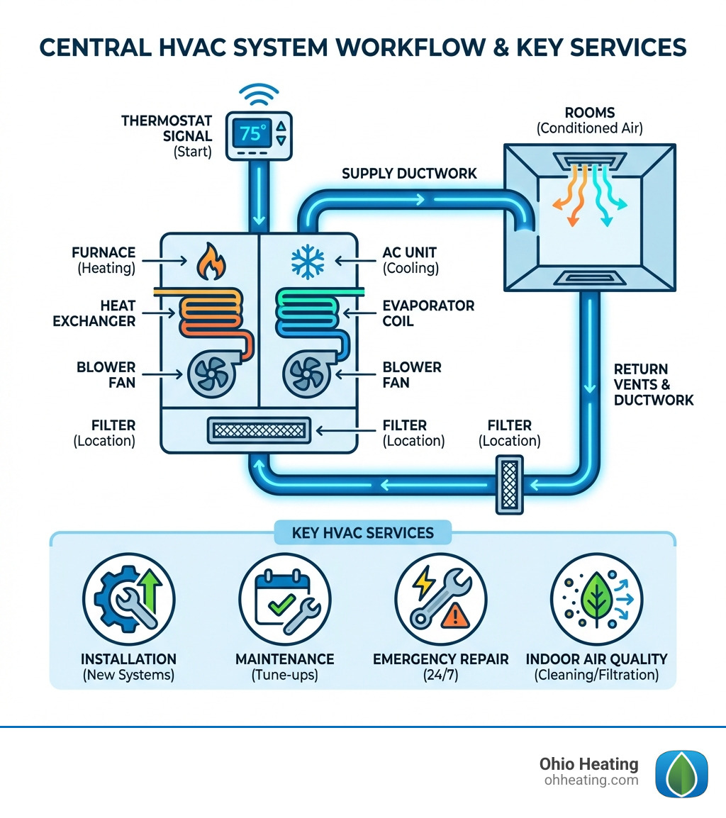 Infographic showing how central heating and cooling systems work: a flowchart from thermostat signal to furnace or AC unit, through ductwork, into rooms, and back via return vents — with callouts for filter location, blower fan, heat exchanger, and evaporator coil, plus icons for key services like installation, maintenance, emergency repair, and indoor air quality - cooling and heating companies infographic 