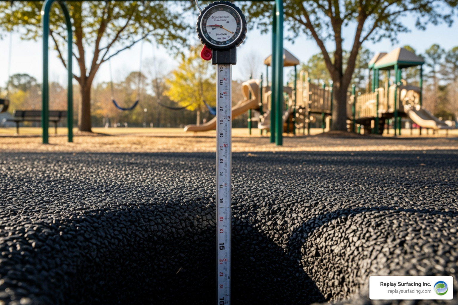 A depth-measurement tool being used in a layer of rubber mulch to ensure it meets the 6-inch safety standard in a Charlotte, NC park - playground with rubber mulch
