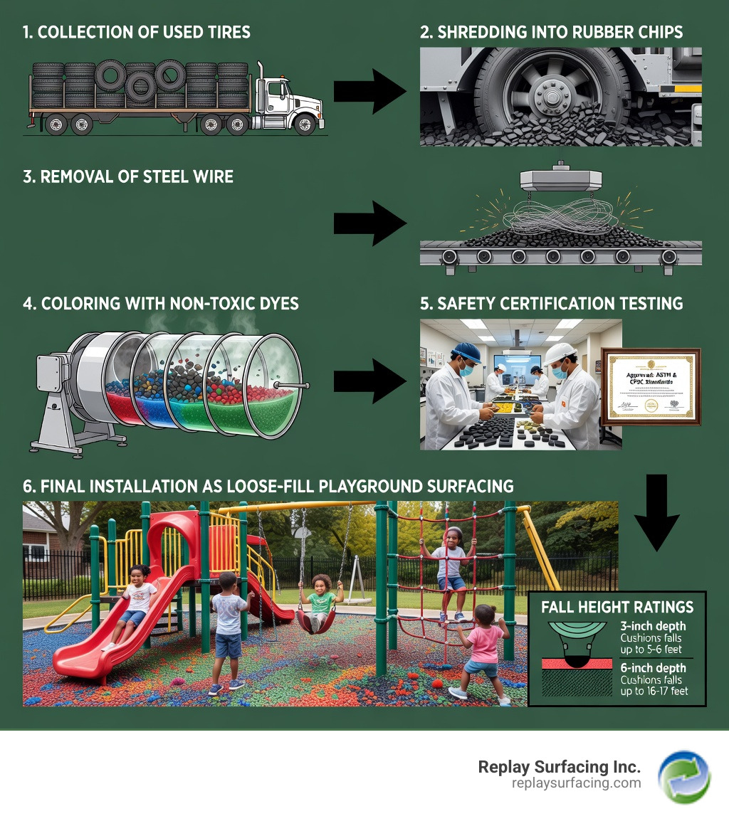 Infographic showing the step-by-step process of recycling scrap tires into playground rubber mulch: collection of used tires, shredding into rubber chips, removal of steel wire, coloring with non-toxic dyes, safety certification testing, and final installation as loose-fill playground surfacing with fall height ratings at 3-inch and 6-inch depths - playground with rubber mulch infographic 