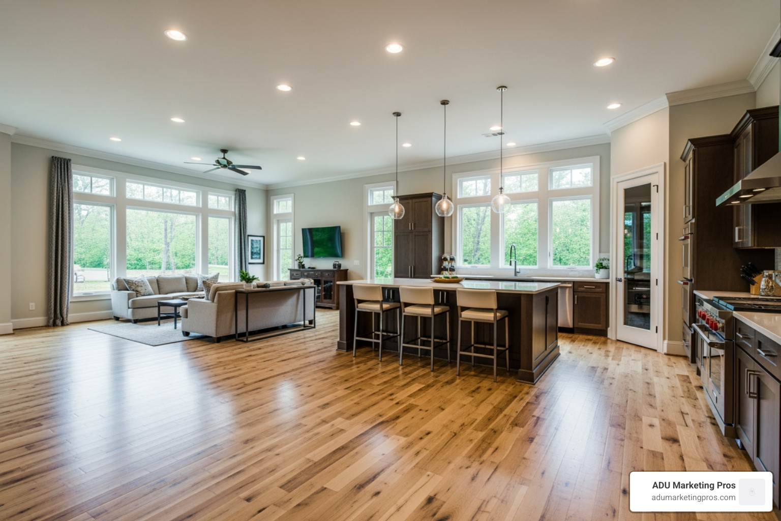 Spacious open-concept living area inside a converted 3-car garage featuring hardwood floors, recessed lighting, and a modern kitchen island - 3 car garage to apartment conversion pictures