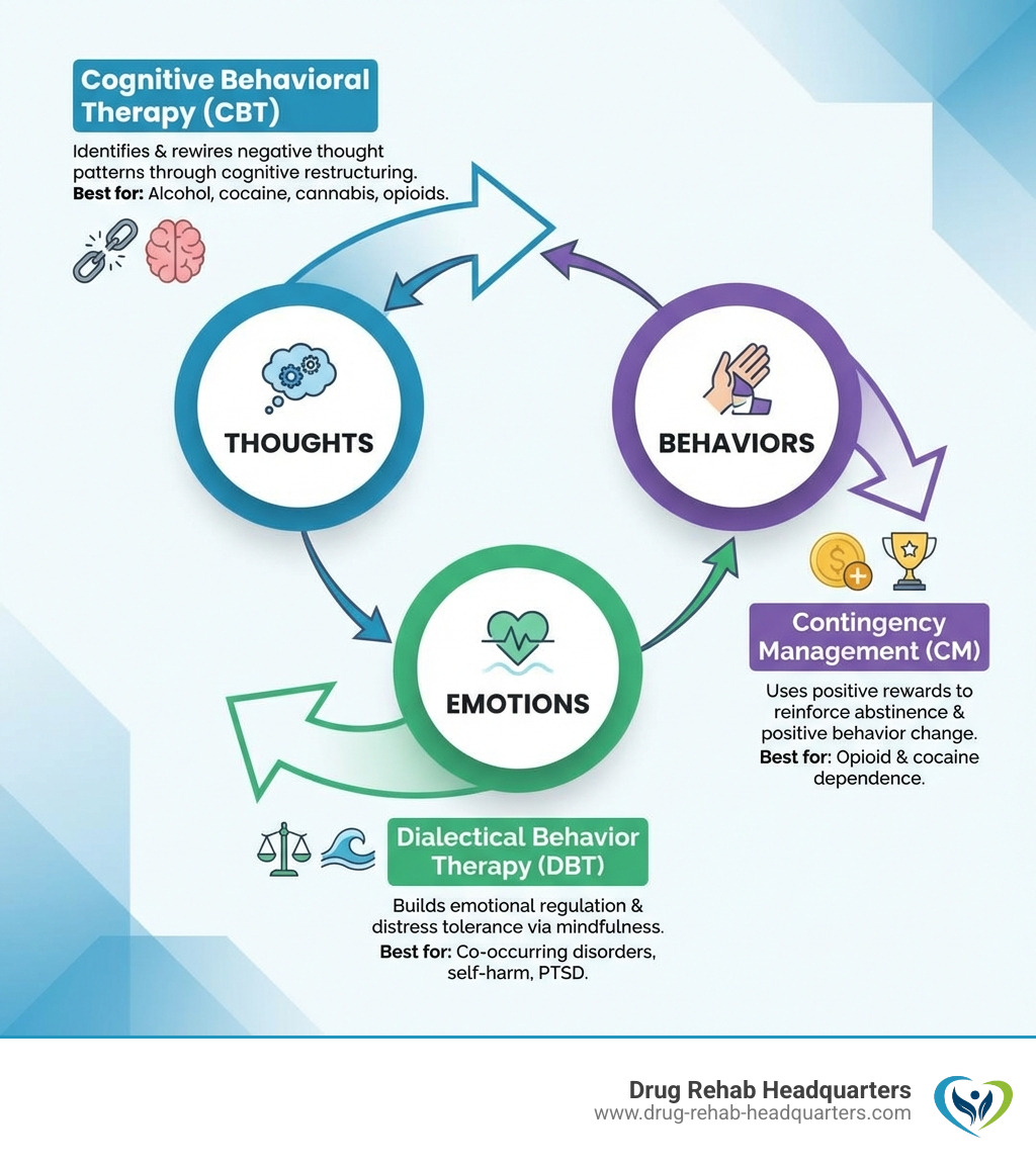 Infographic showing the cycle of thoughts, emotions, and behaviors in addiction, with arrows connecting each element; CBT breaks the cycle at the thought stage through cognitive restructuring; DBT intervenes at the emotion stage through distress tolerance and mindfulness; Contingency Management reinforces positive behavior change; each therapy type is color-coded with a brief description and the types of substances each addresses most effectively - behavioral therapy for addiction infographic 