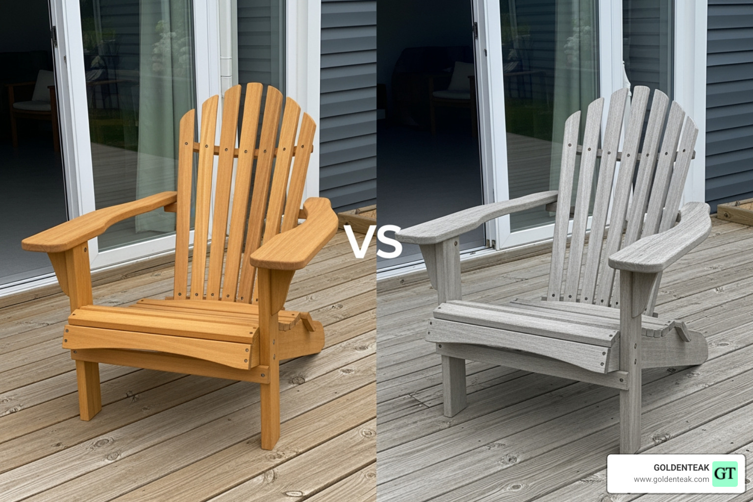 Comparison image showing a brand-new golden-brown teak chair next to a weathered silvery-gray teak chair - teak wood Adirondack chair
