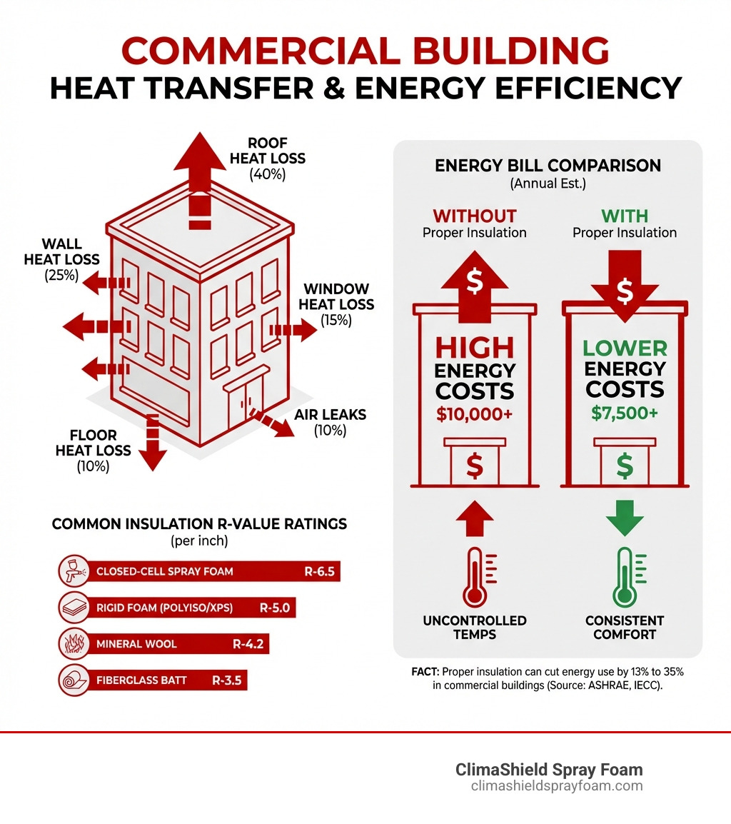 Infographic showing heat transfer and energy loss in a commercial building: arrows indicating heat escaping through uninsulated roof (40%), walls (25%), windows (15%), and floors (10%), alongside a side-by-side comparison of energy bills with and without proper insulation, plus R-value ratings for common insulation types - commercial insulation infographic Infographic showing heat transfer and energy loss in a commercial building: arrows indicating heat escaping through uninsulated roof (40%), walls (25%), windows (15%), and floors (10%), alongside a side-by-side comparison of energy bills with and without proper insulation, plus R-value ratings for common insulation types - commercial insulation infographic