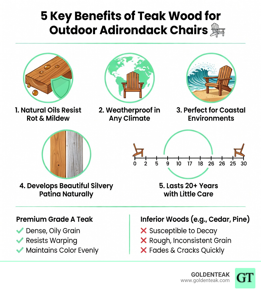 Infographic showing 5 key benefits of teak wood for outdoor Adirondack chairs: natural oil content resists rot and mildew, weather resistance across all climates, ideal for marine and seaside use, ages to silvery-gray patina without treatments, and decades-long lifespan with minimal maintenance — with icons for each benefit and a comparison of Grade A teak vs lower-grade woods - teak wood Adirondack chair infographic 
