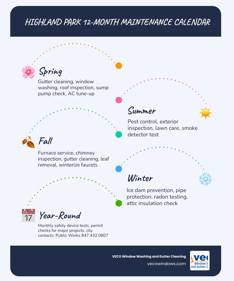 Infographic showing a 12-month Highland Park home maintenance calendar with seasonal tasks: Spring - gutter cleaning, window washing, roof inspection, sump pump check, AC tune-up; Summer - pest control, exterior inspection, lawn care, smoke detector test; Fall - furnace service, chimney inspection, gutter cleaning, leaf removal, winterize faucets; Winter - ice dam prevention, pipe protection, radon testing, attic insulation check; with city contact numbers and permit reminders overlaid on each season - house maintenance highland park il infographic infographic-line-5-steps-blues-accent_colors