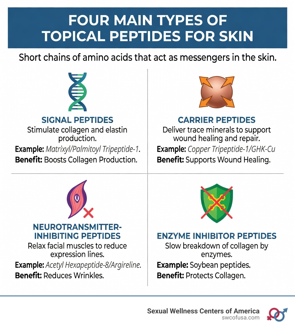 Infographic showing the four main types of topical peptides for skin: Signal Peptides (stimulate collagen and elastin production, example: Matrixyl/Palmitoyl Tripeptide-1), Carrier Peptides (deliver trace minerals to support wound healing and repair, example: Copper Tripeptide-1/GHK-Cu), Neurotransmitter-Inhibiting Peptides (relax facial muscles to reduce expression lines, example: Acetyl Hexapeptide-8/Argireline), and Enzyme Inhibitor Peptides (slow breakdown of collagen by enzymes, example: Soybean peptides) — each with an icon, brief description, and key skin benefit listed below - topical peptides for skin infographic Infographic showing the four main types of topical peptides for skin: Signal Peptides (stimulate collagen and elastin production, example: Matrixyl/Palmitoyl Tripeptide-1), Carrier Peptides (deliver trace minerals to support wound healing and repair, example: Copper Tripeptide-1/GHK-Cu), Neurotransmitter-Inhibiting Peptides (relax facial muscles to reduce expression lines, example: Acetyl Hexapeptide-8/Argireline), and Enzyme Inhibitor Peptides (slow breakdown of collagen by enzymes, example: Soybean peptides) — each with an icon, brief description, and key skin benefit listed below - topical peptides for skin infographic