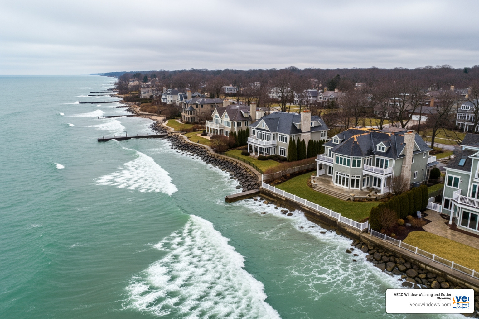 A view of the Lake Michigan shoreline near Highland Park showing the proximity of residential properties to the water and the potential for weather-related wear - house maintenance highland park il