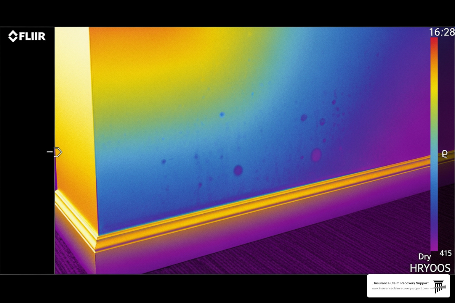 Thermal imaging scan showing hidden moisture behind a commercial drywall office wall - San Antonio water damage Thermal imaging scan showing hidden moisture behind a commercial drywall office wall - San Antonio water damage