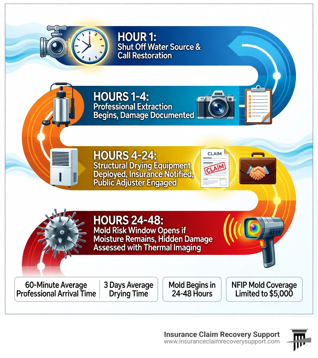 Infographic showing the 24-hour San Antonio water damage timeline: Hour 1 - shut off water source and call restoration; Hours 1-4 - professional extraction begins, damage documented; Hours 4-24 - structural drying equipment deployed, insurance notified, public adjuster engaged; Hours 24-48 - mold risk window opens if moisture remains, hidden damage assessed with thermal imaging; key stats: 60-minute average professional arrival, 3 days average drying time, mold begins in 24-48 hours, NFIP mold coverage limited to $5,000 - San Antonio water damage infographic Infographic showing the 24-hour San Antonio water damage timeline: Hour 1 - shut off water source and call restoration; Hours 1-4 - professional extraction begins, damage documented; Hours 4-24 - structural drying equipment deployed, insurance notified, public adjuster engaged; Hours 24-48 - mold risk window opens if moisture remains, hidden damage assessed with thermal imaging; key stats: 60-minute average professional arrival, 3 days average drying time, mold begins in 24-48 hours, NFIP mold coverage limited to $5,000 - San Antonio water damage infographic