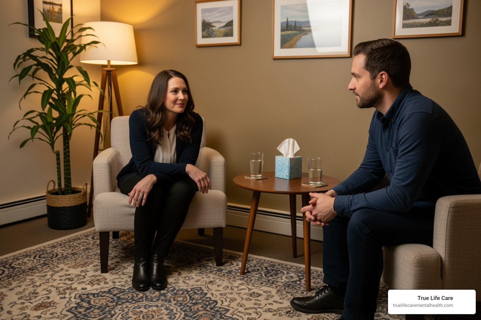 A compassionate clinical consultation between a therapist and a client in a warm office setting - Depression Treatment in Monmouth County NJ