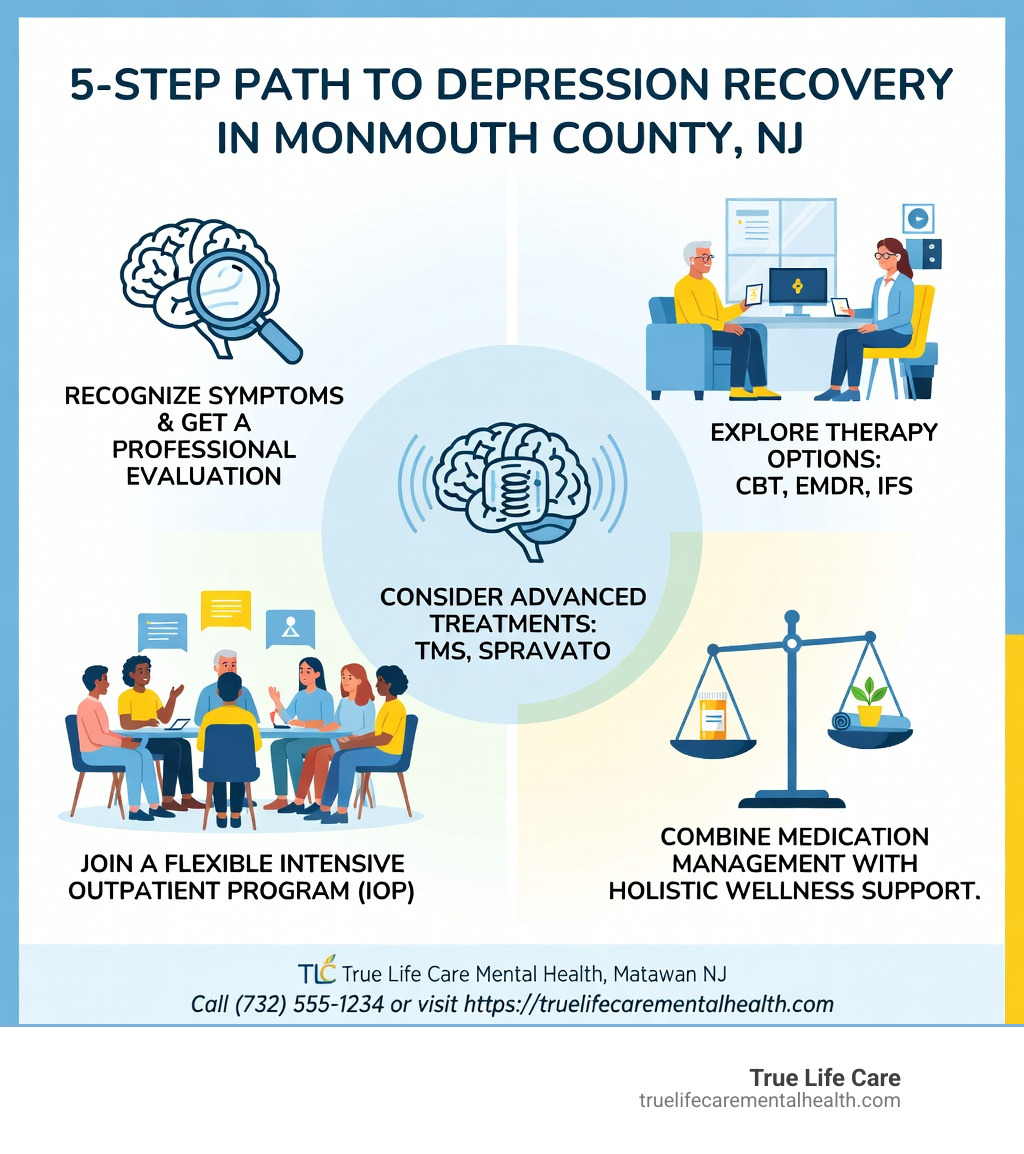 Infographic showing the 5-step path to depression recovery in Monmouth County NJ: Step 1 - Recognize symptoms and get a professional evaluation; Step 2 - Explore therapy options like CBT, EMDR, and IFS; Step 3 - Consider advanced treatments like TMS or Spravato for treatment-resistant depression; Step 4 - Join a flexible Intensive Outpatient Program (IOP); Step 5 - Combine medication management with holistic wellness support. Footer includes True Life Care Mental Health, Matawan NJ contact prompt. - Depression Treatment in Monmouth County NJ infographic 