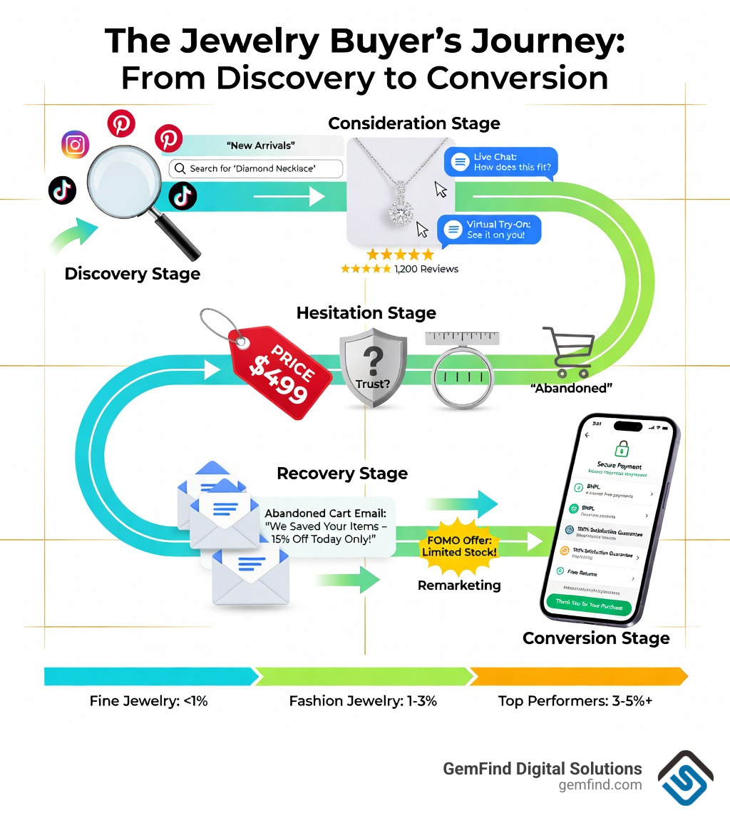 Infographic showing the jewelry buyer's journey: stages include Discovery (social media, search, ads), Consideration (product pages, reviews, virtual try-on, live chat), Hesitation (cart abandonment triggers: price, trust, fit concerns), Recovery (abandoned cart emails, remarketing, FOMO offers), and Conversion (streamlined checkout, BNPL options, trust signals) — with conversion rate benchmarks noted at each stage: fine jewelry under 1%, fashion jewelry 1–3%, top performers 3–5%+ - jewelry website conversion optimization infographic 