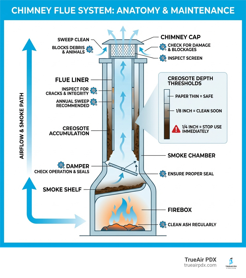 Infographic showing the anatomy of a chimney flue system including the firebox, smoke shelf, damper, smoke chamber, flue liner, and chimney cap, with labels indicating where creosote accumulates, how airflow moves through the system, key maintenance checkpoints at each stage, and warning thresholds for creosote depth (paper thin = safe, 1/8 inch = clean soon, 1/4 inch = stop use immediately) - chimney flue maintenance infographic 