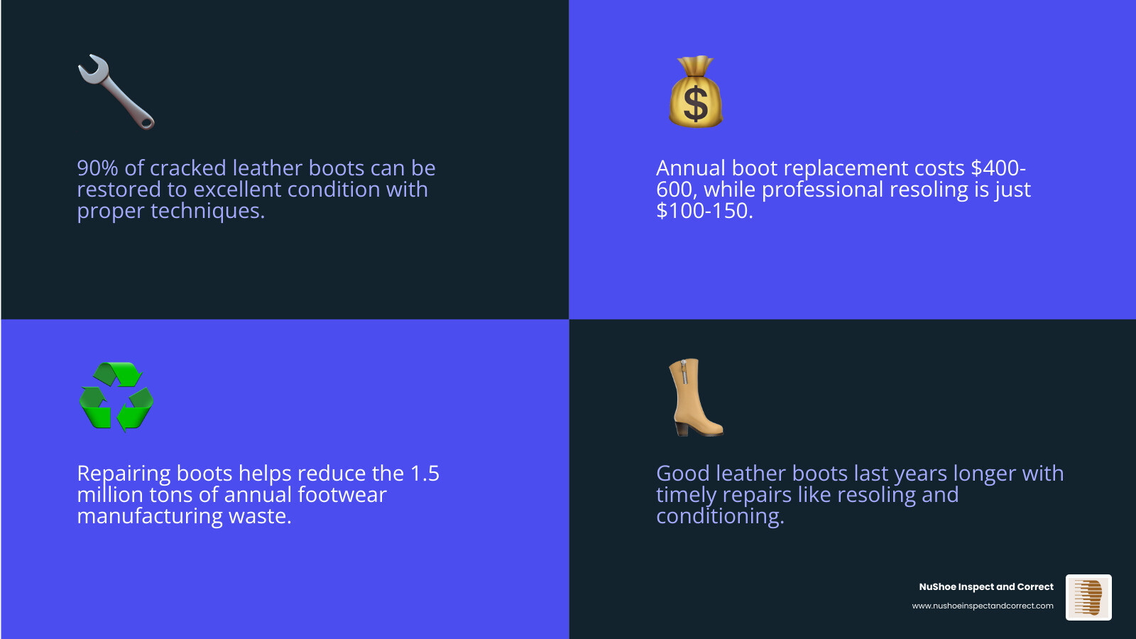 Infographic showing leather boot repair options from DIY to professional: surface scuffs treated with conditioner and dye, minor tears fixed with adhesive, deep cracks filled and color-matched, worn soles resoled for $100-150, with a cost comparison bar chart showing $400-600 annual replacement cost vs $100-150 resole, and a statistic noting 1.5 million tons of footwear waste created annually - leather boot repair infographic 4_facts_emoji_blue Infographic showing leather boot repair options from DIY to professional: surface scuffs treated with conditioner and dye, minor tears fixed with adhesive, deep cracks filled and color-matched, worn soles resoled for $100-150, with a cost comparison bar chart showing $400-600 annual replacement cost vs $100-150 resole, and a statistic noting 1.5 million tons of footwear waste created annually - leather boot repair infographic 4_facts_emoji_blue