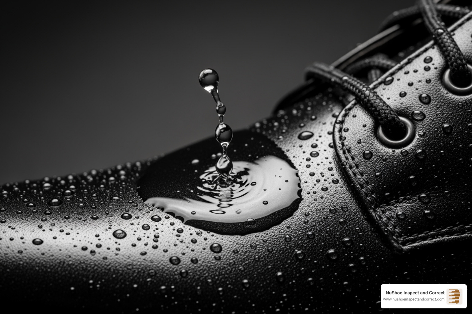 Close-up of water beading on a leather surface after being treated with a protectant spray - leather protectant spray for shoes Close-up of water beading on a leather surface after being treated with a protectant spray - leather protectant spray for shoes