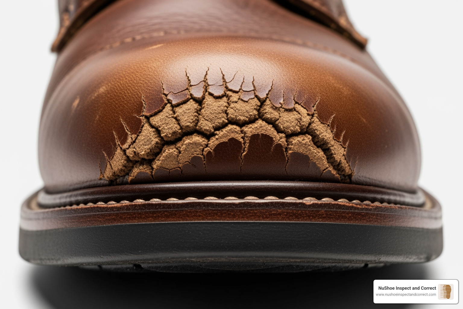 Close-up of spider-webbing cracks on the leather toe box of a boot at the flex point - leather boot repair Close-up of spider-webbing cracks on the leather toe box of a boot at the flex point - leather boot repair