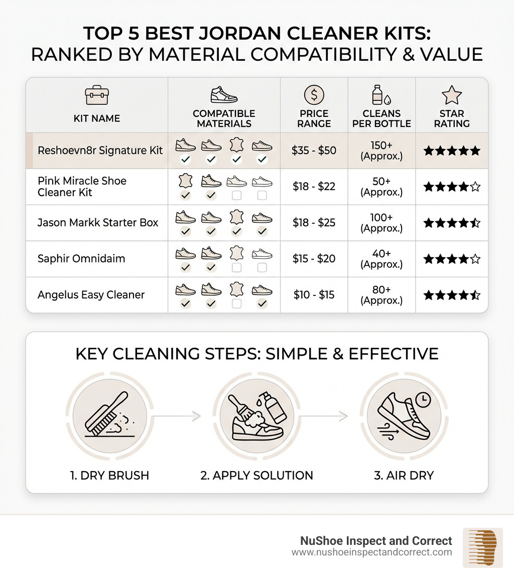 Infographic showing the top 5 best Jordan cleaner kits ranked by material compatibility, with columns for kit name, compatible materials (nubuck, suede, leather, canvas), price range, number of cleans per bottle, and a star rating, plus a bottom section showing three icons representing the three key steps: dry brush, apply solution, air dry - best jordan cleaner kit infographic Infographic showing the top 5 best Jordan cleaner kits ranked by material compatibility, with columns for kit name, compatible materials (nubuck, suede, leather, canvas), price range, number of cleans per bottle, and a star rating, plus a bottom section showing three icons representing the three key steps: dry brush, apply solution, air dry - best jordan cleaner kit infographic