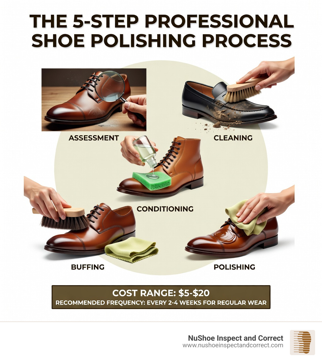 Infographic showing the 5-step professional shoe polishing process: Step 1 - Assessment (examining leather condition and scuffs), Step 2 - Cleaning (removing dirt and old polish), Step 3 - Conditioning (applying leather nourisher to restore oils), Step 4 - Polishing (applying color-matched wax or cream polish in circular motions), Step 5 - Buffing (using horsehair brush and chamois cloth for final shine); includes cost range $5-$20, recommended frequency every 2-4 weeks for regular wear - shoe polishing near me infographic Infographic showing the 5-step professional shoe polishing process: Step 1 - Assessment (examining leather condition and scuffs), Step 2 - Cleaning (removing dirt and old polish), Step 3 - Conditioning (applying leather nourisher to restore oils), Step 4 - Polishing (applying color-matched wax or cream polish in circular motions), Step 5 - Buffing (using horsehair brush and chamois cloth for final shine); includes cost range $5-$20, recommended frequency every 2-4 weeks for regular wear - shoe polishing near me infographic