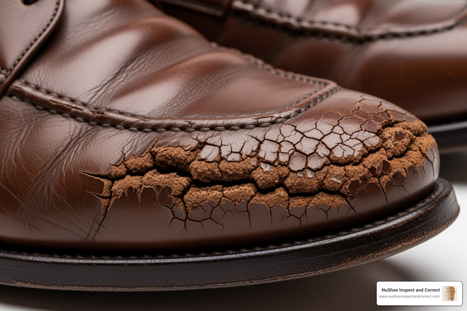 Severely cracked leather shoe uppers showing deep fissures in the flex zone - Leather shoe repair Severely cracked leather shoe uppers showing deep fissures in the flex zone - Leather shoe repair