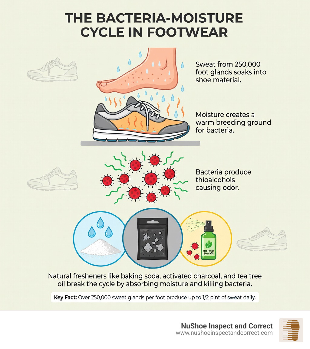 Infographic showing the bacteria-moisture cycle in footwear: sweat from 250,000 foot glands soaks into shoe material, moisture creates a warm breeding ground for bacteria, bacteria produce thioalcohols causing odor, and natural fresheners like baking soda, activated charcoal, and tea tree oil break the cycle by absorbing moisture and killing bacteria - natural shoe freshener infographic Infographic showing the bacteria-moisture cycle in footwear: sweat from 250,000 foot glands soaks into shoe material, moisture creates a warm breeding ground for bacteria, bacteria produce thioalcohols causing odor, and natural fresheners like baking soda, activated charcoal, and tea tree oil break the cycle by absorbing moisture and killing bacteria - natural shoe freshener infographic