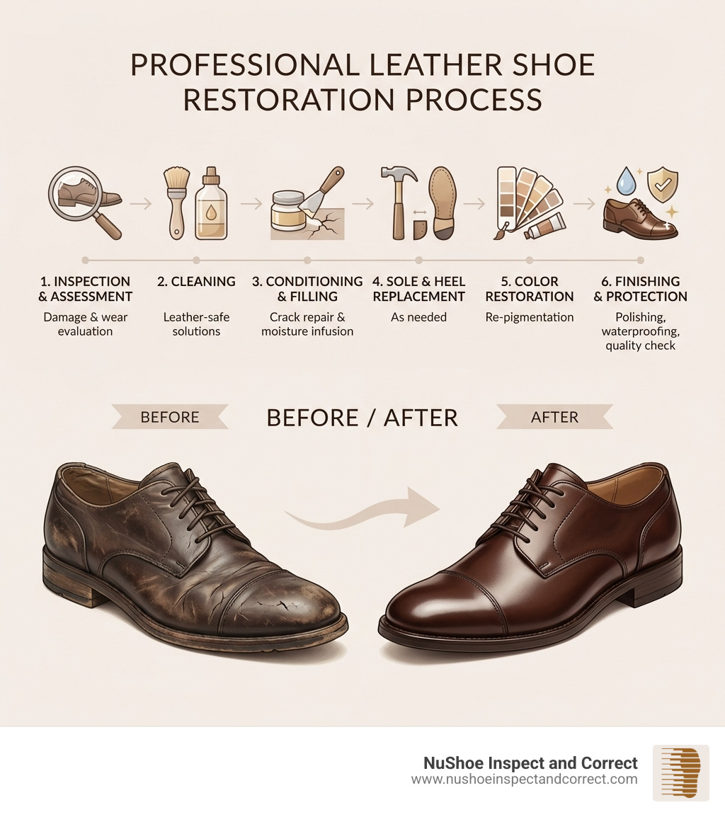 Infographic showing the professional leather shoe repair process: Step 1 - Inspection and damage assessment; Step 2 - Cleaning with leather-safe solutions; Step 3 - Conditioning and crack filling; Step 4 - Sole and heel replacement if needed; Step 5 - Color restoration and re-pigmentation; Step 6 - Polishing, waterproofing, and final quality check; with icons for each step and a before/after comparison of a restored leather dress shoe - Leather shoe repair infographic Infographic showing the professional leather shoe repair process: Step 1 - Inspection and damage assessment; Step 2 - Cleaning with leather-safe solutions; Step 3 - Conditioning and crack filling; Step 4 - Sole and heel replacement if needed; Step 5 - Color restoration and re-pigmentation; Step 6 - Polishing, waterproofing, and final quality check; with icons for each step and a before/after comparison of a restored leather dress shoe - Leather shoe repair infographic