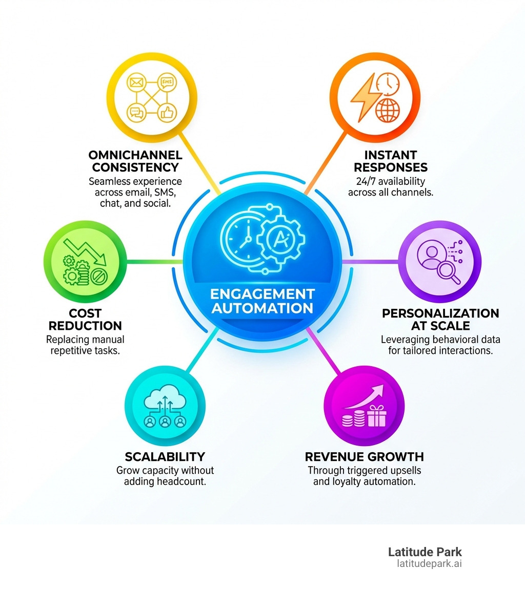 Infographic showing the key benefits of automated customer engagement tools: 1) Instant responses 24/7 across all channels, 2) Personalization at scale using behavioral data, 3) Omnichannel consistency across email, SMS, chat, and social, 4) Cost reduction by replacing manual repetitive tasks, 5) Revenue growth through triggered upsells and loyalty automation, 6) Scalability without adding headcount — with icons and a central hub-and-spoke diagram connecting each benefit to a central "Engagement Automation" node - Automated customer engagement tools infographic 